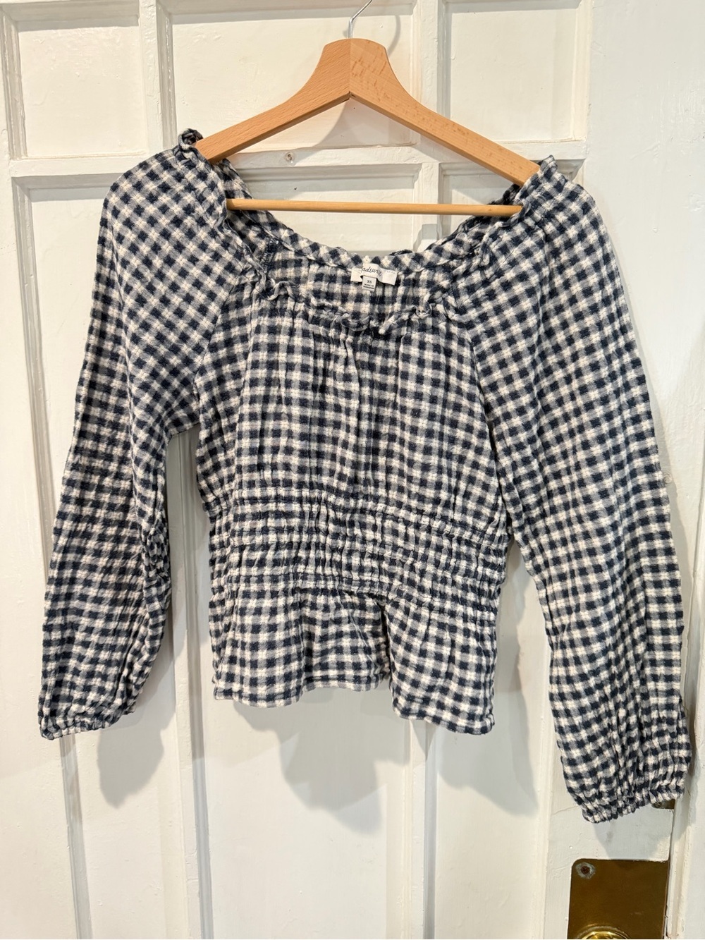 Madewell Navy and White Gingham Smocked Peasant Top